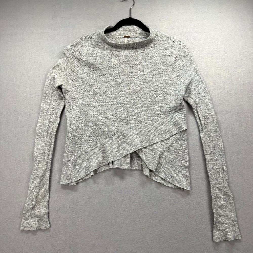 Free People Knit Sweater Women Medium Gray Linen Crossover Hem Mock‎ Neck Resort